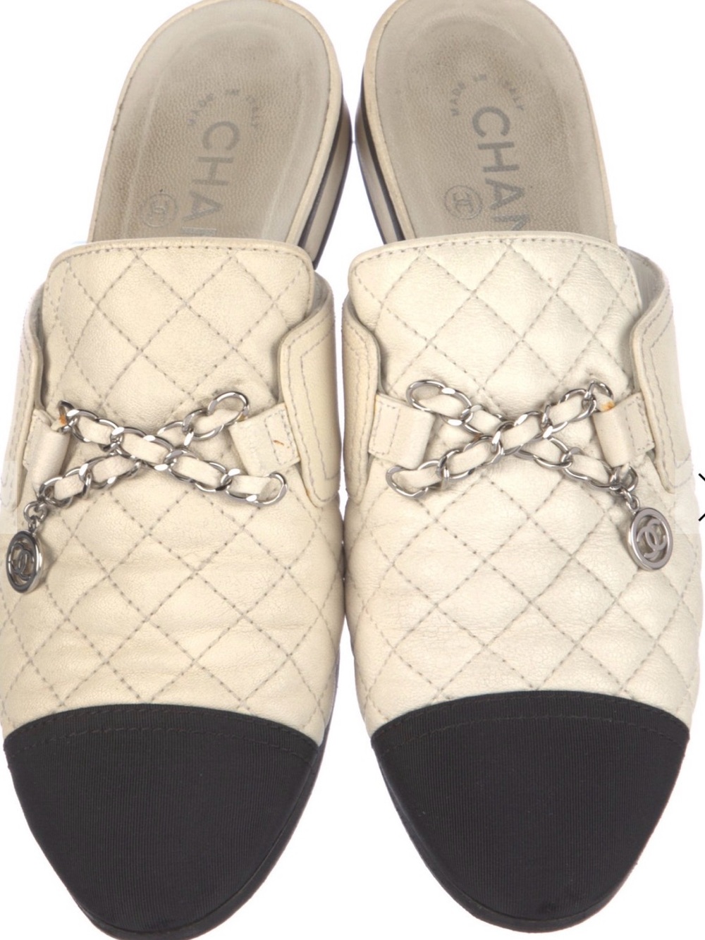 CHANEL Quilted Cream Leather Slide Mules with Black Cap Toe and CC logo charm